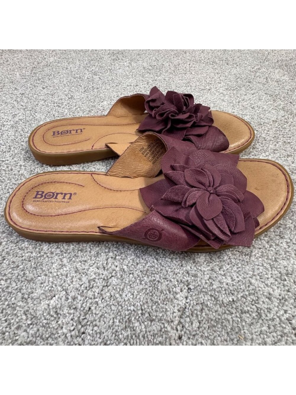 Born Womens Leather Flower Sandals Purple Size 10M Comfortable Slip-On